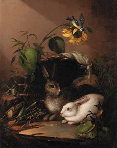 Carl Johann Lasch Two rabbits in an upturned basket with a blue tit on a sunflower China oil painting art